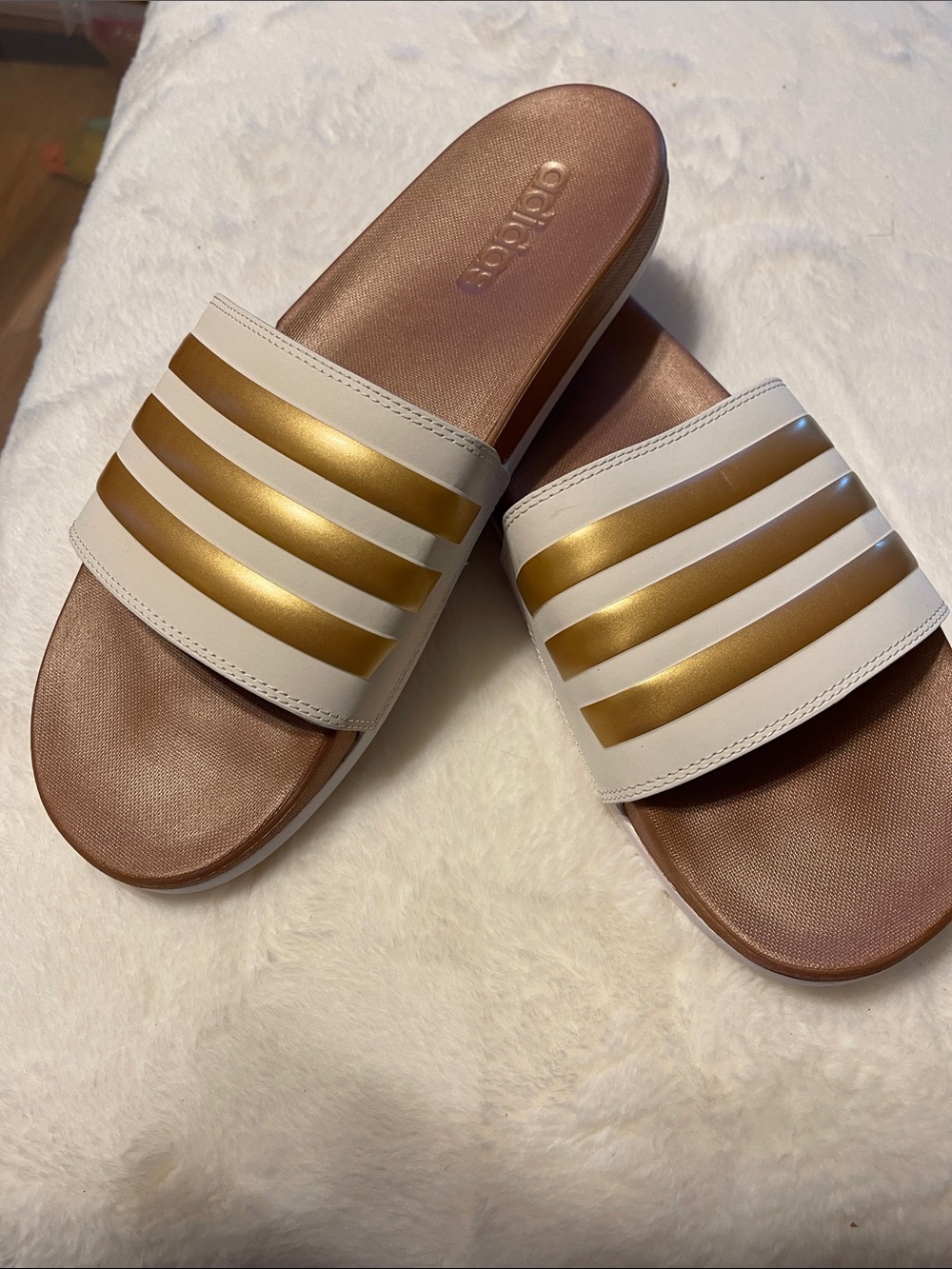 adidas Women’s White and Gold Slide Sandals